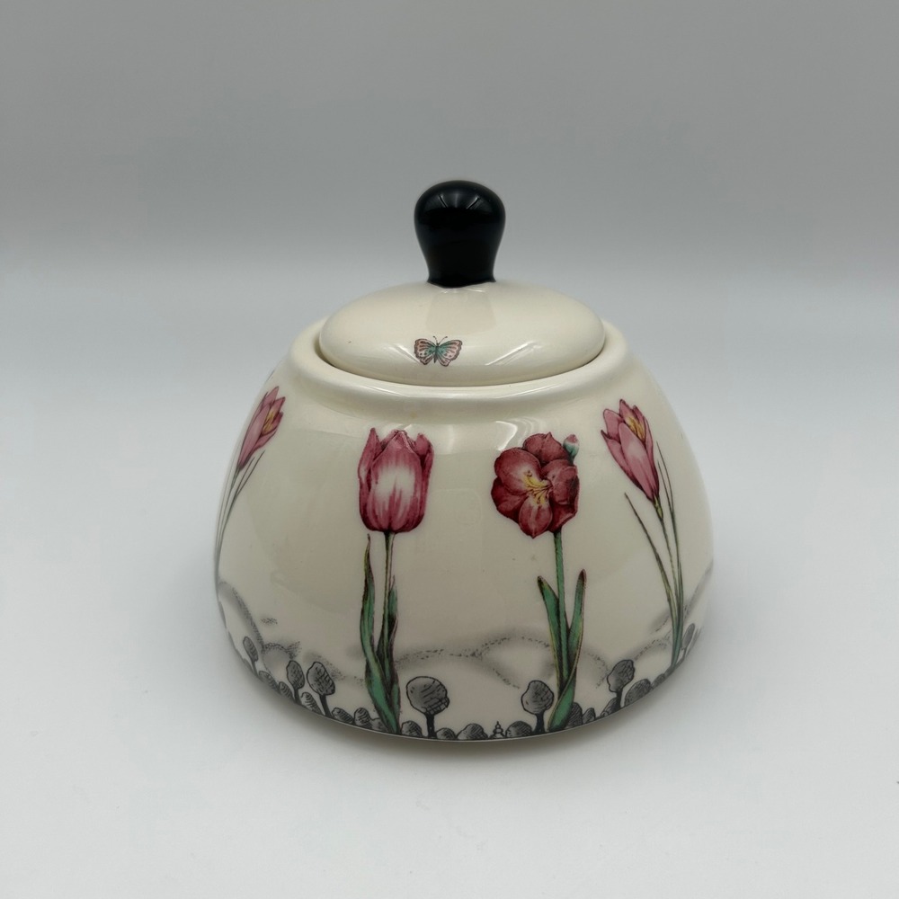 Floral Ceramic Sugar Bowl with Lid Pink Tulips Butterfly Garden Cream Black